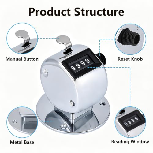 5Pcs Clicker Counter Set, 4 Digit Hand Counter Clicker with Loop, Metal Hand Tally Counter with Round Base for Sports, Events, Game, Scores, Golf, Silver