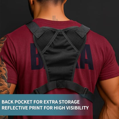 Tactical Breathable Chest Bag, Multi-functional Running Vest, Featuring Reflective Zipper Pocket and Flag Patch, Adjustable Straps, for Night Running, Hiking, Cycling and Fitness Use (Black)