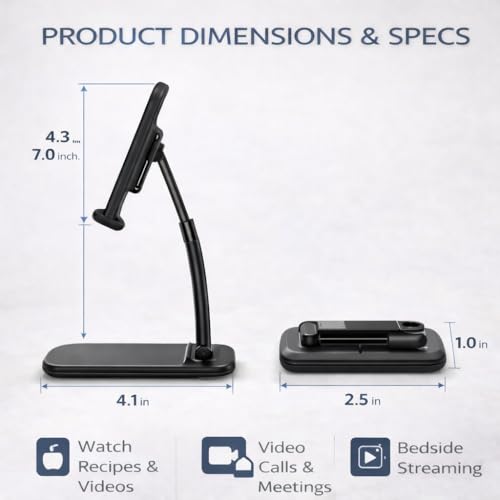 Mizi Portable Cell Phone Stand for Desk - Height & Angle Adjustable Mobile Foldable Holder, Compatible with iPhone 17 16 15 14 13 12 11 Pro Max, Galaxy S25 S24, All 4–10" Devices - Black - size: L311