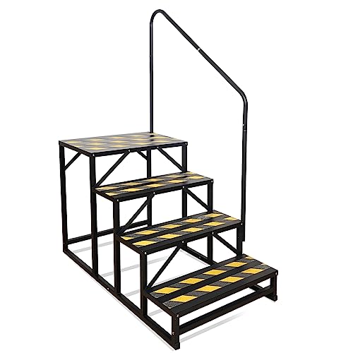 4 Step RV Stairs, Hot Tub Steps, Outdoor Spa Step Ladder with Handrail,Portable Economy 5th Wheel Stair for Travel Trailer, Motor Home, Camper and Porch with Non-Skid Tapes - size: RV Stairs - 4 Step with Single Handrail
