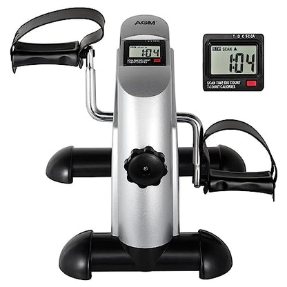 Mini Exercise Bike, AGM Under Desk Bike Pedal Exerciser Foot Cycle Arm & Leg Pedal Exerciser with LCD Screen Displays - color: Silver