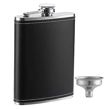 1 Pack Flask for Liquor and Funnel, Premium 8 Oz Leak Proof 18/8 Stainless Steel Pocket Hip Flask with Black Leather Cover, Great Gift Idea