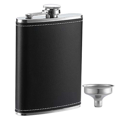 1 Pack Flask for Liquor and Funnel, Premium 8 Oz Leak Proof 18/8 Stainless Steel Pocket Hip Flask with Black Leather Cover, Great Gift Idea