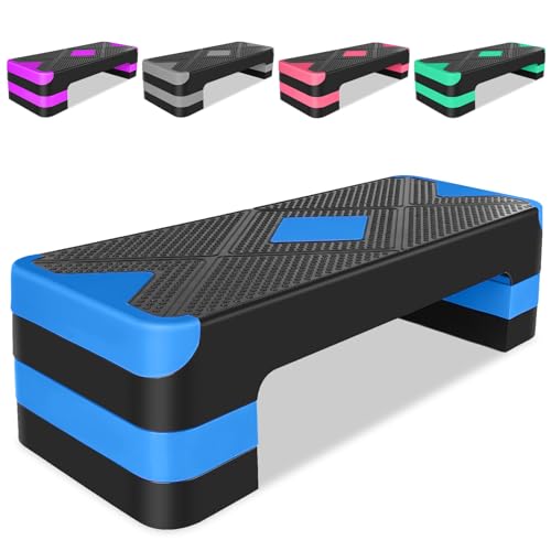 27" Exercise Workout Aerobic Step Platform Trainer, Adjustable Fitness 4-6-8in Exercise Stepper Workout with 4 Risers, Aerobics Stepper Workout Stepper for Home Gym Cardio Strength & Training - color: Blue