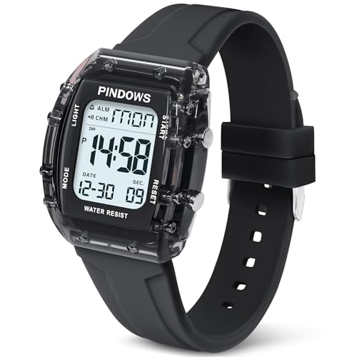 Women Watch for Women Teenagers Watch Outdoor Sports Digital Watches for Ladies Students Waterproof Watches with Alarm Stopwatch Countdown Dual-Time Hourly Chime Function High Brightness Light - color: Transparent Black