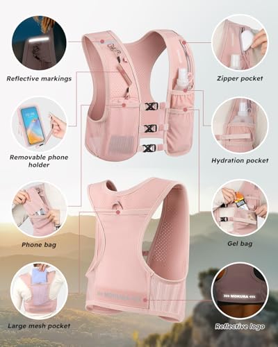 MOKURA Running Vest for Women Men with 500ML Soft Flask & Phone Holder - color: Pink, size: Small