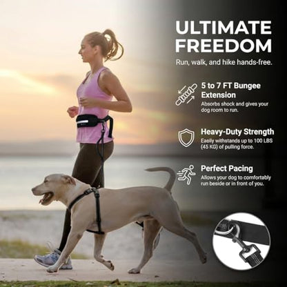 Hands Free Dog Leash with Waist Pouch, Reflective Bungee, Dogs Up to 100 lb - color: Black