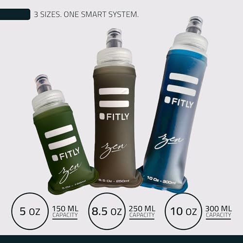 FITLY FLASKS Combo - 3 Handheld Soft Flask, Collapsible Water Bottles for Running, Marathon, Hiking, Cycling (5 oz, 8.5 oz, 13.5 oz / 150-250-400 ml) - color: Zen - Forest Green, Brown, Petrol Blue, style: Modern