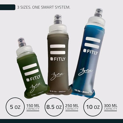 FITLY FLASKS Combo - 3 Handheld Soft Flask, Collapsible Water Bottles for Running, Marathon, Hiking, Cycling (5 oz, 8.5 oz, 13.5 oz / 150-250-400 ml) - color: Zen - Forest Green, Brown, Petrol Blue, style: Modern