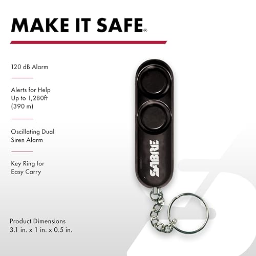 SABRE Personal Alarm With Key Ring, 120dB Alarm, Audible Up To 1,280 Feet (390 Meters), Simple Operation, Reusable, Black - color: Black Personal Alarm