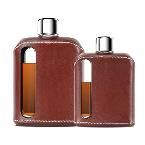 Ragproper Leather Glass Hip Flask Set – Durable Whiskey & Liquor Flasks for Men & Women, Single Shot 3.4oz (100ml) + Double Shot 8oz (240ml), Premium Genuine Leather, Ideal Glass Flask, Dark Brown - color: Leather Dark Brown, size: 2 Pack (3.4 + 8 oz)