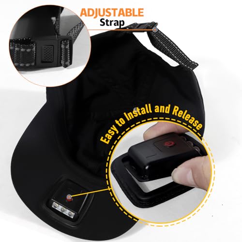 Hands Free Rechargeable LED Baseball Cap with Light Built-in Unisex Sport Waterproof Hat for Men Dad Husband Outdoor - color: Black