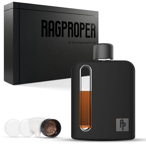Ragproper Glass Hip Flask for Men – Modern Whiskey & Liquor Pocket Flask with Cork & Silicone Lid Liners, Durable Silicone Covered, Firm Grip – Single Shot 3.4oz (100ml) Black - color: Silicone Black, size: Pocket Flask 3.4 oz