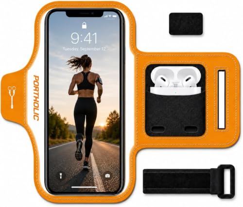 PORTHOLIC Running Armband Phone Holder with Earphone Pouch Fits up to 6.9" - color: Orange (Up to 6.9'')