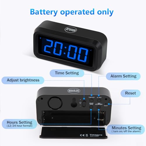 Digital Alarm Clock Battery Operated with LED Display for Bedrooms, Long Battery Life, 3 Brightness Adjustable, 12/24 Hour, Snooze, Black Case with Blue Digits - color: Black-dark Blue