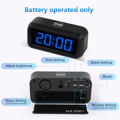 Digital Alarm Clock Battery Operated with LED Display for Bedrooms, Long Battery Life, 3 Brightness Adjustable, 12/24 Hour, Snooze, Black Case with Blue Digits - color: Black-dark Blue