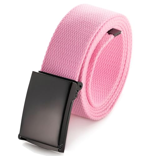 Mile High Life Cut To Fit Canvas Web Belt Size Up to 52" with Flip-Top Solid Black Military Buckle - color: 1 Pack Light Pink