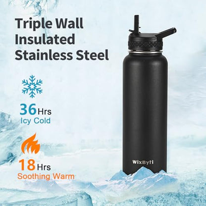 WixByti 40 oz Insulated Water Bottle with Straw, Stainless Steel Water Jug - color: Black, size: 40 Ounces