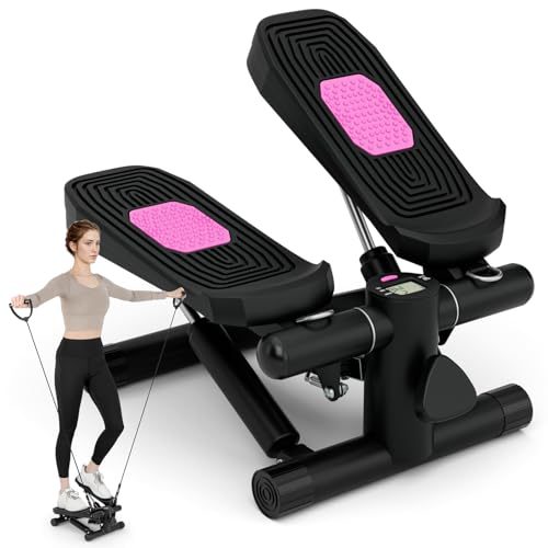 GYMAX Steppers for Exercise at Home, Hydraulic Mini Stair Stepper with Resistance Bands & LCD Monitor, Portable Under Desk Cardio Equipment Step Machine for Home Gym - color: Black