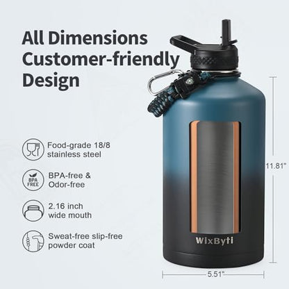 WixByti One Gallon Insulated Water Bottle, Stainless Steel 128oz Water Jug - color: Blue/Black Gradient, size: 128 Ounces