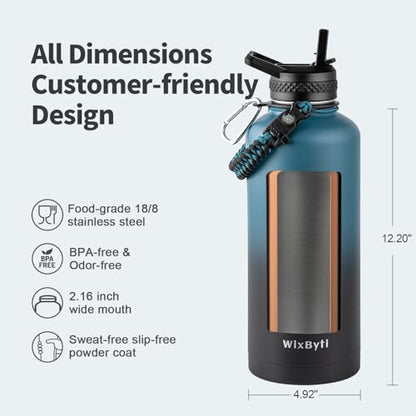 WixByti 87 oz Insulated Water Bottle with Straw, Stainless Steel Water Jug - color: Blue/Black Gradient, size: 87 Ounces