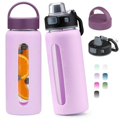 Kodrine 20oz Glass Water Bottle with Straw and 2 Lids Leakproof, Light Purple - color: Light Purple, size: 20 Ounces