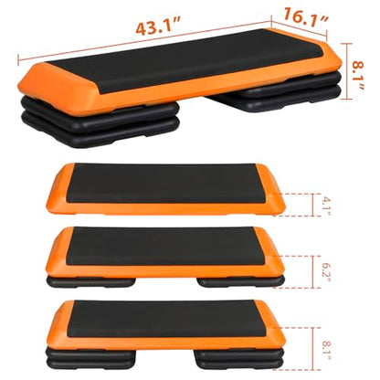 ZenStyle 43" Adjustable Aerobic Stepper Bench with 4/6/8 Inch Risers, Non-Slip Surface for Cardio, Strength Training & Home Fitness Workout - color: Orange