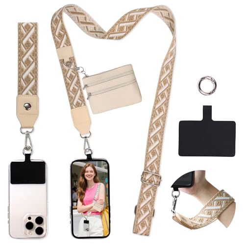 FUVLIFE Cell Phone Lanyard Crossbody, Clip and Go Phone Strap with Wallet - color: Gold Geometric