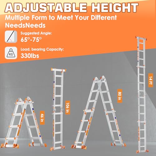 LEVELEVE 14FT Extension Ladder,A Frame 4 Step Ladder with Stabilizer Bar & Wheels,330 lbs Security Load Multi Position Ladder for Stairs Home Indoor Outdoor Roof - size: 4STEP