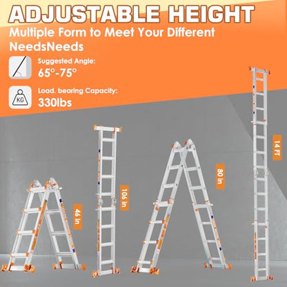 LEVELEVE 14FT Extension Ladder,A Frame 4 Step Ladder with Stabilizer Bar & Wheels,330 lbs Security Load Multi Position Ladder for Stairs Home Indoor Outdoor Roof - size: 4STEP