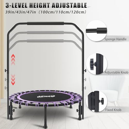 Newan 40" Silent Mini Trampoline with Adjustable Handle Bar Fitness Trampoline Bungee Rebounder Jumping Cardio Trainer Workout for Adults - Max Limit 330 lbs - color: purple