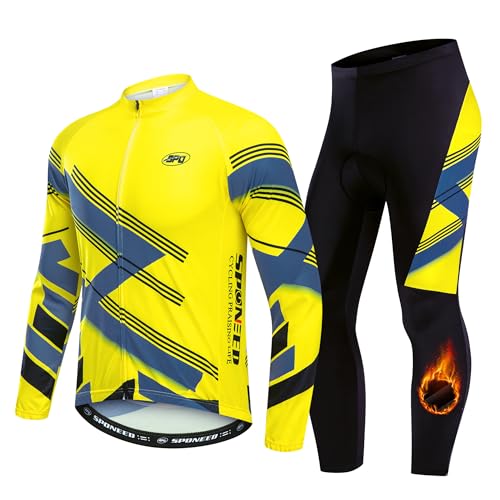 sponeed Men's Cycling Jersey Full Sleeve Riding Wear Long Sleeve T Shirts Pants - color: Fleece Yello Multi, size: Medium