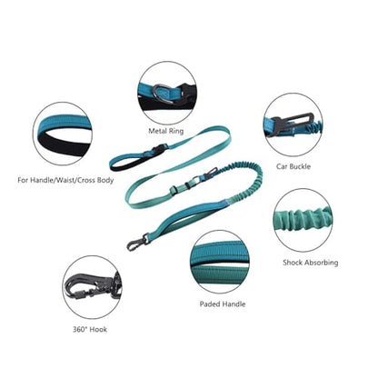 Hands Free Dog Leash for Large Medium Dogs Heavy Duty Bungee Reflective Adjustable Waist Leashes for Walking Running with Car Buckle 4-6FT (Green) - color: Green