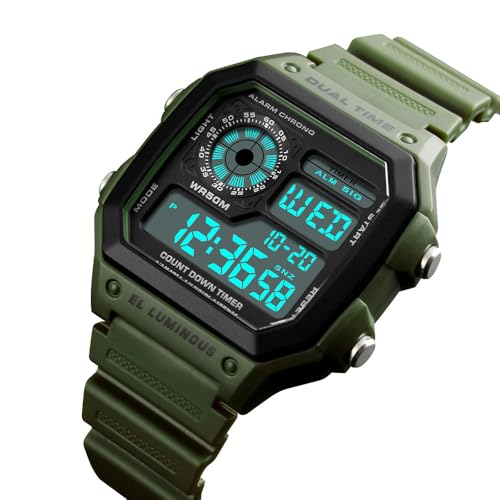 PASOY Men's Digital Sport Watch Waterproof Dual Time Stopwatch Countdown - color: Rubber/Green