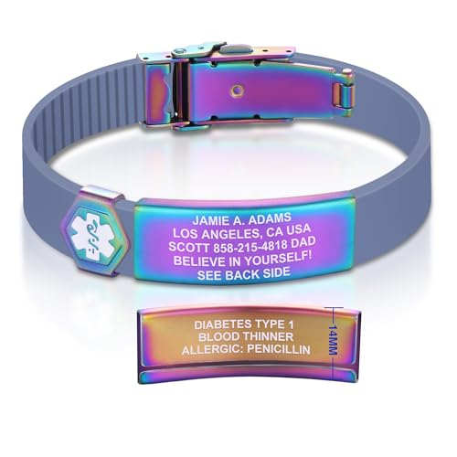 Divoti Custom Dual-Sided Engraved Silicone Medical Alert ID Wristband w/Security Clasp & Trim-to-Fit Band - Style - color: Carmella Blue / PVD Rainbow / White, size: Band Width - 13mm