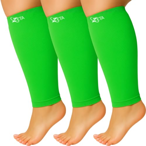 Zeta Wear Plus Size Calf Compression Sleeves for Women and Men, Wide Calf Footless 15-19 mmHg, 2XL-6XL - color: 3 Pair - Green, size: LXL