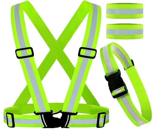 WFJ 4PCS Reflective Vest Set Safety Clothing High Visibility Adjustable Elastic Outdoor Reflective Glow Belt and Vest with 2Pack Reflector Armbands Running Cycling Walking Jogging - color: Green