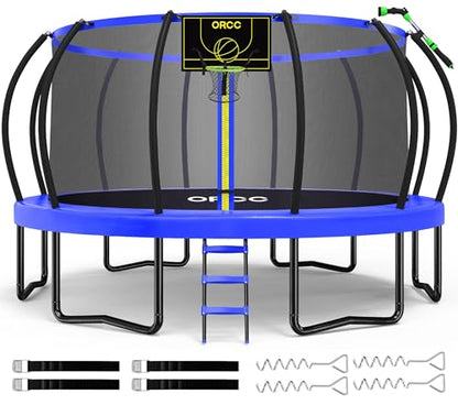 ORCC 16 15 14 12 10 8FT Kids Trampoline, 1300LBS Weight Capacity Trampoline with Basketball Hoop Water Sprinkler Spiral Ground Stakes Outdoor Yard Trampolines for Kids Adults