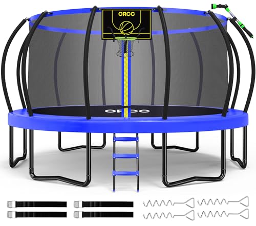 ORCC 16 15 14 12 10 8FT Kids Trampoline, 1300LBS Weight Capacity Trampoline with Basketball Hoop Water Sprinkler Spiral Ground Stakes Outdoor Yard Trampolines for Kids Adults
