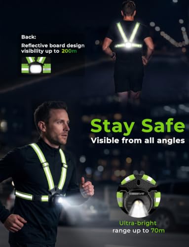 500LM Running Lights for Runners, 360° Reflective Safety Running Vest with Workout Display for Time, Steps & Distance, 45° Adjustable Beam, IPX4 Waterproof, for Night Running/Walking/Cycling/Jogging
