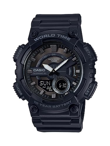 Casio AEQ110BW Series | Men’s Analog-Digital Watch |100M WR | Multi Alarms | 100 SEC Stopwatch | Countdown Timer | World Map for World Time | LED Light | LC Display | 10 Year Battery - color: Black/Black, style: AEQ110W-1BV