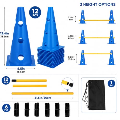 Dog Agility Training Equipment, 12 Cones, 6 Poles, Hurdle
