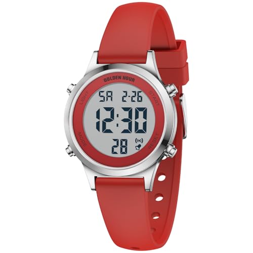 GOLDEN HOUR Waterproof Women's Digital Sports Watches with Silicone Strap, Alarm Calendar Stopwatch Chronograph 32mm Rose Gold Case - color: Red/Silver