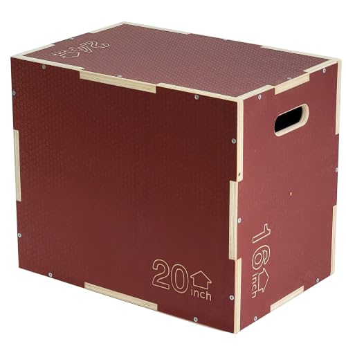 Signature Fitness Non-Slip Wooden Plyo Box Jump Exercise Platform, Plyometric Workout Equipment for Home Gym, Training Step Box, Multiple Sizes - color: Red, size: 16x20x24"