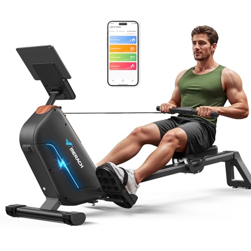 MERACH Rowing Machines for Home, Powerful Electromagnetic Row Machine with 51.2" Extended Rail, 16-Level Handle Resistance Adjustment Rower, 350 LBS Load Capacity, Ergonomic Comfort Seat, Easy Storage - style: R5 Self-Powered