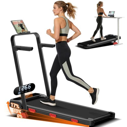 17% Incline Under Desk Treadmill, 4 in 1 Foldable Walking Pad with Adjustable Handrails, 2.5HP Ultra Quiet Brushless Motor, 0.6-6.2 MPH Speed Range, 300 LBS Weight Capacity for Home Small Space