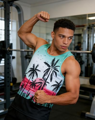 uideazone Mens Beach Tank Tops Summer Graphic Sleeveless Workout Shirt - color: Cocount Tree, size: XX-Large
