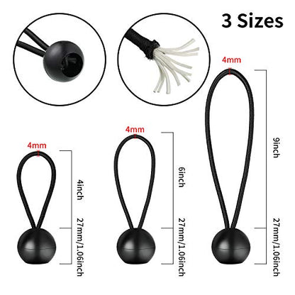 30 Pcs 3 Sizes Ball Bungee Cords, 4, 6, 9 Inch Black Tarp Canopy Cords Heavy Duty Tie Down Bungee Balls for Camping, Tents, Shelter, Gazebo, Cargo, Holding Wire and Hoses