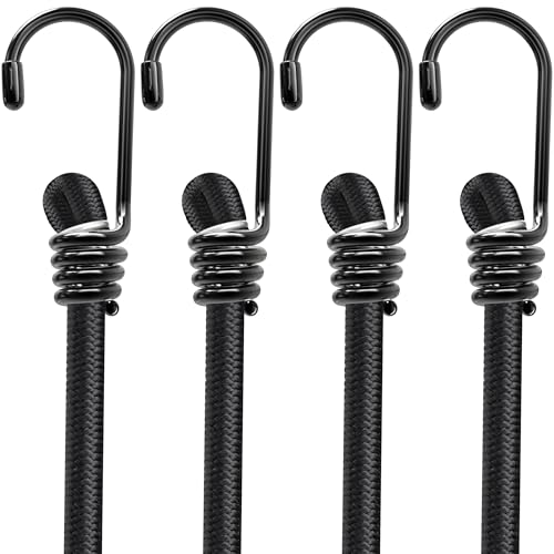 Bungee Cords with Hooks - Latex Made Heavy Duty Weatherproof & UV - Resistant Elastic Bungee Straps (Black, 80 Inches - Pack of 4) - size: 80 Inches - Pack of 4