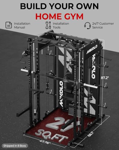 Mikolo Smith Machine with Weight Stack, Power Cage Home Gym System with LAT Pulldown & Cable Crossover, Multi-Functional Trainer with Dual Pulley System, Includes 10+ Free Attachments - color: Black